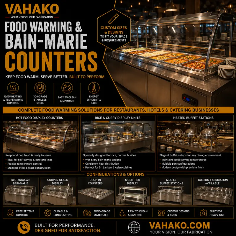 Stainless steel Bain-Marie counter and heated food display cabinet in Sri Lanka