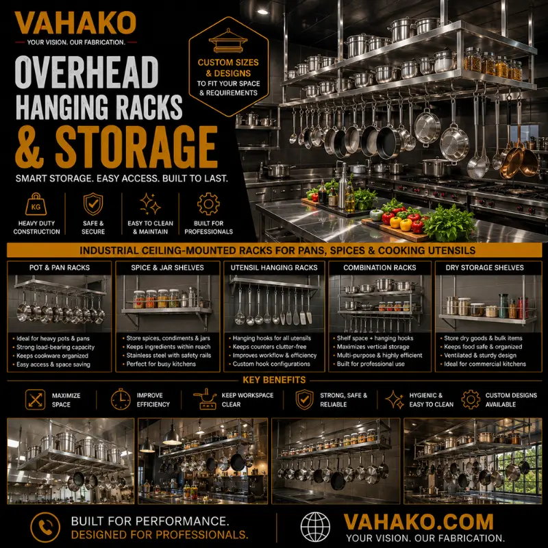 Commercial kitchen storage racks and overhead hanging kitchen rack in Sri Lanka