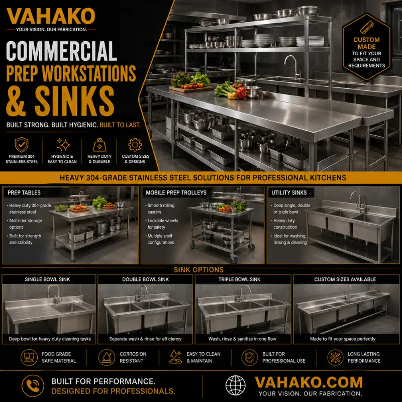 Commercial stainless steel preparation tables and kitchen sinks manufactured in Sri Lanka