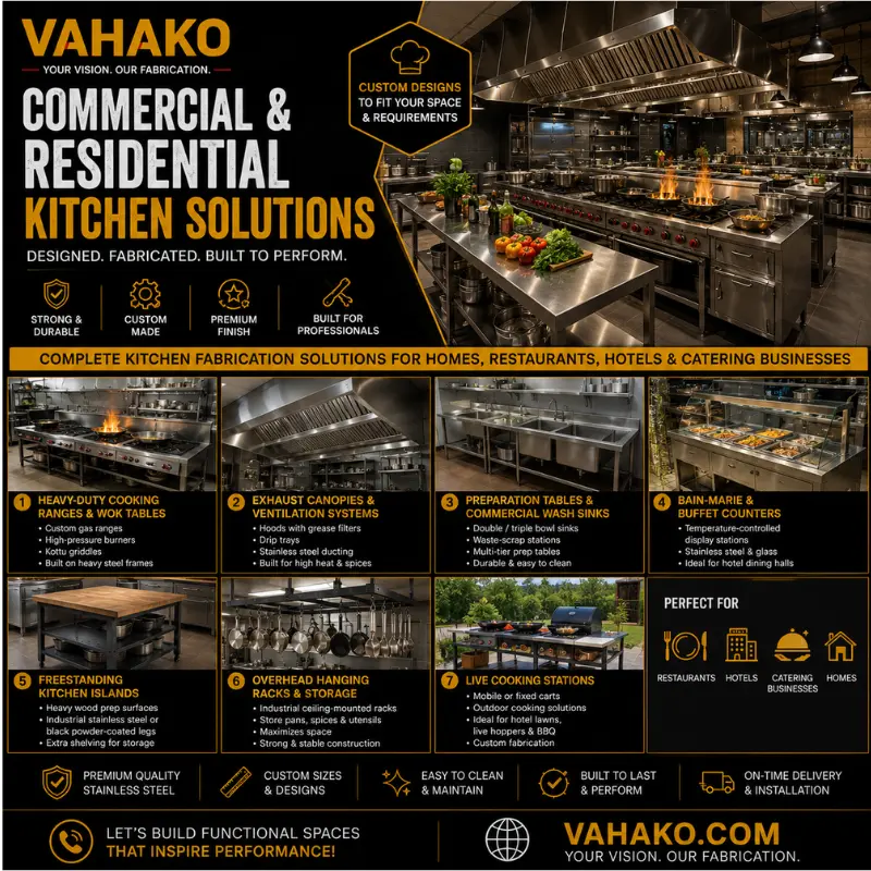 Commercial and residential stainless steel kitchen equipment manufactured by Vahako in Sri Lanka