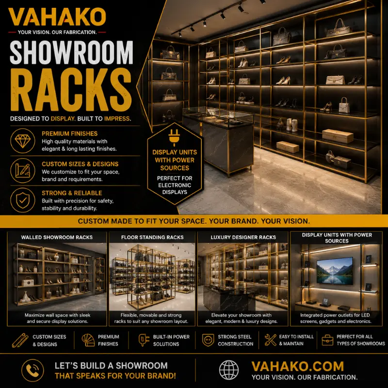 Custom showroom and shop display racks manufactured in Sri Lanka