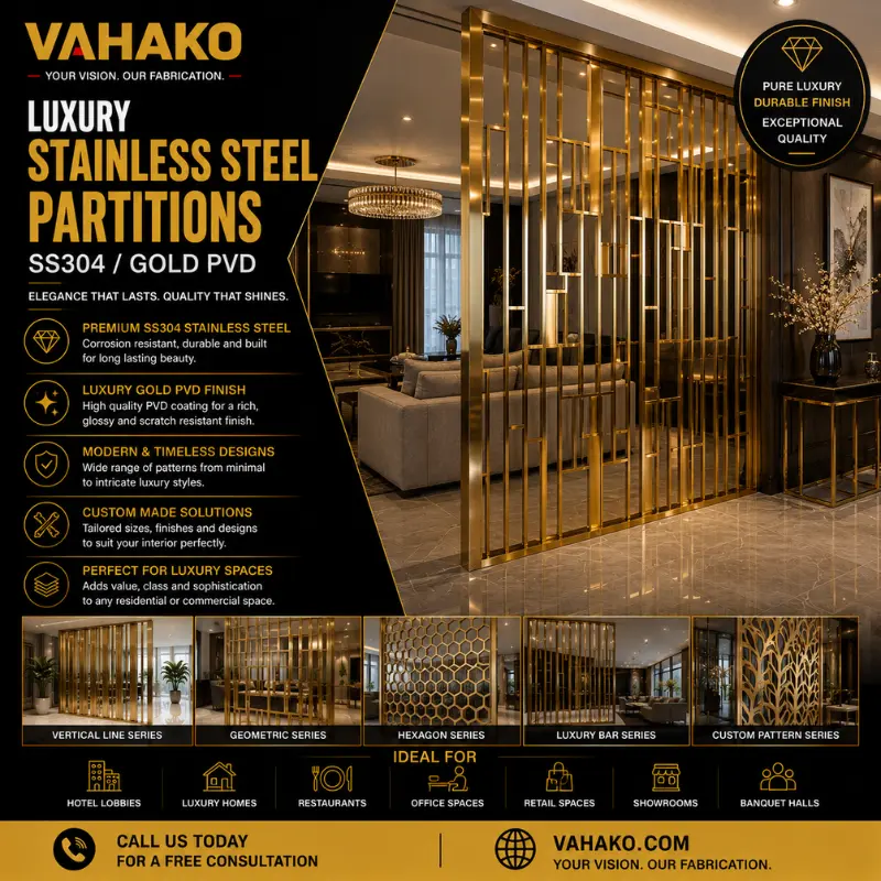 Luxury SS304 stainless steel and gold PVD room partitions in Sri Lanka
